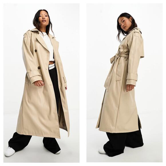 ASOS DESIGN Tan Faux Leather Trench Coat Size 12 Long Preppy Chic Minimalist - Picture 1 of 15